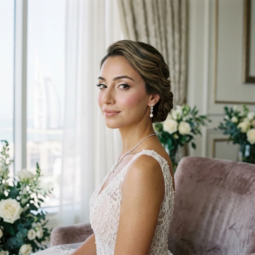 Dubai bridal makeup with polished skin and refined hair styling