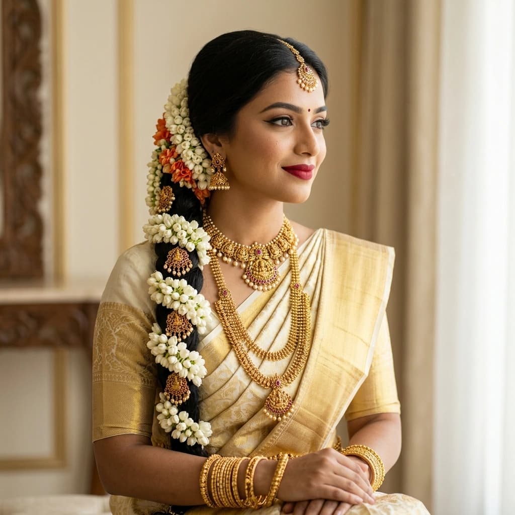Kerala bridal makeup with jasmine and warm gold detail