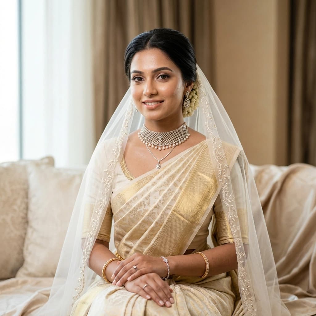 South Indian bridal jewellery, saree, and jasmine styling detail